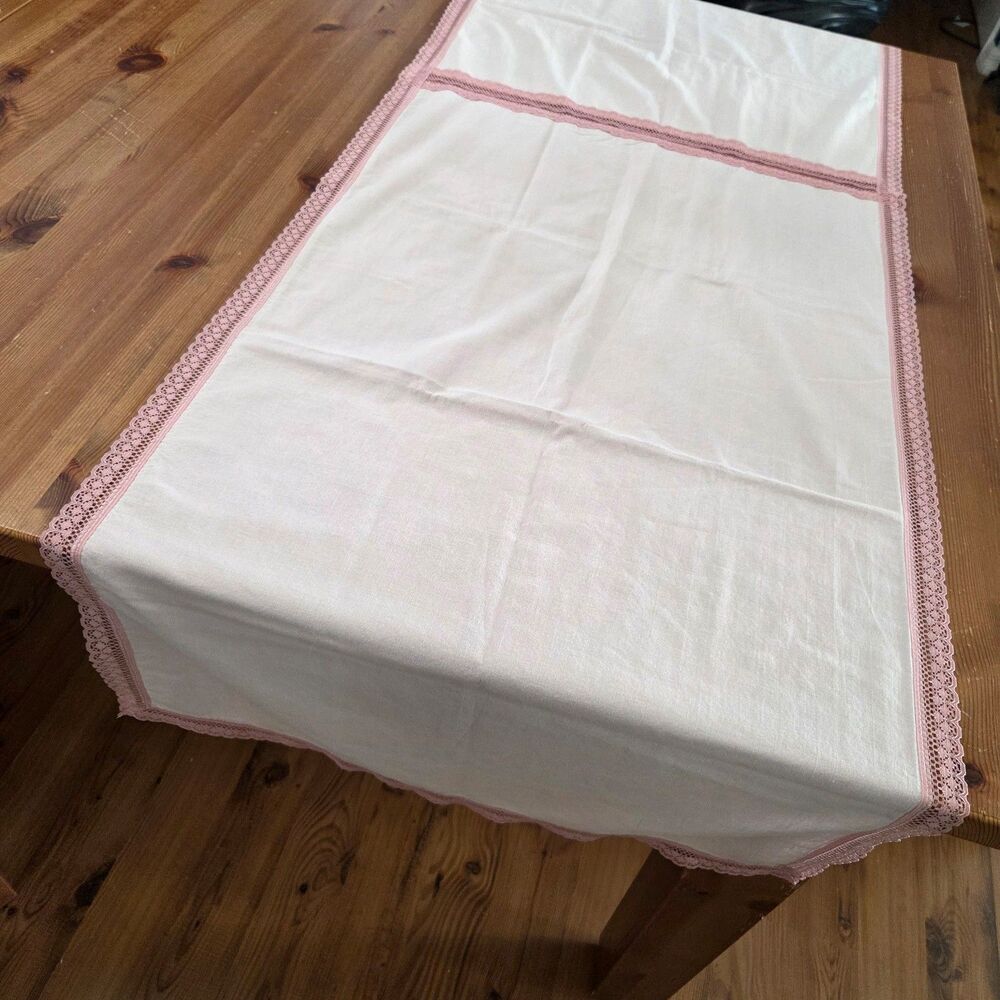 Vtg Pink Table Runner Lace Border Boho Coquette Shabby Chic Cottagecore Grandma
